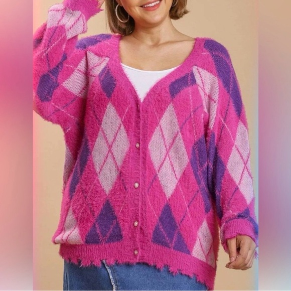 Umgee Sweaters - Umgee Pink and Purple Argyle Cardigan
